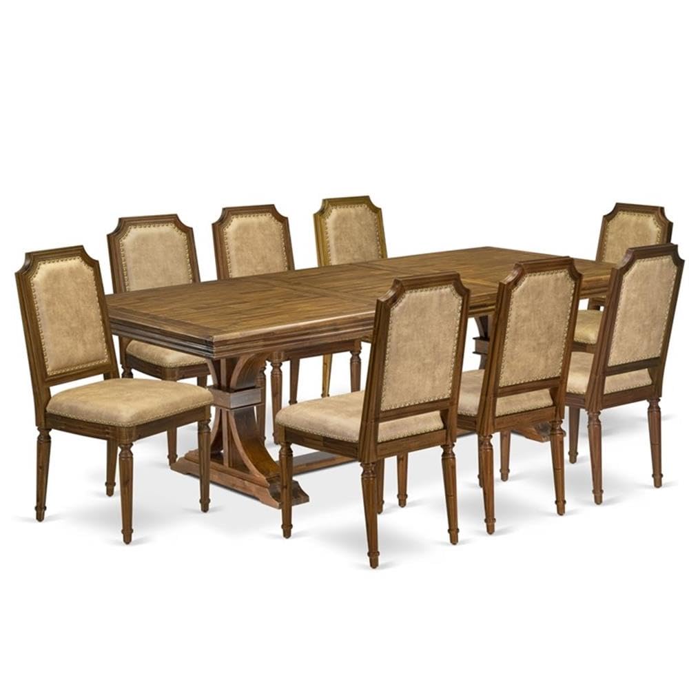 9-Piece Acacia Wood Dining Table Set with 8 Beige PU Leather Chairs T72307