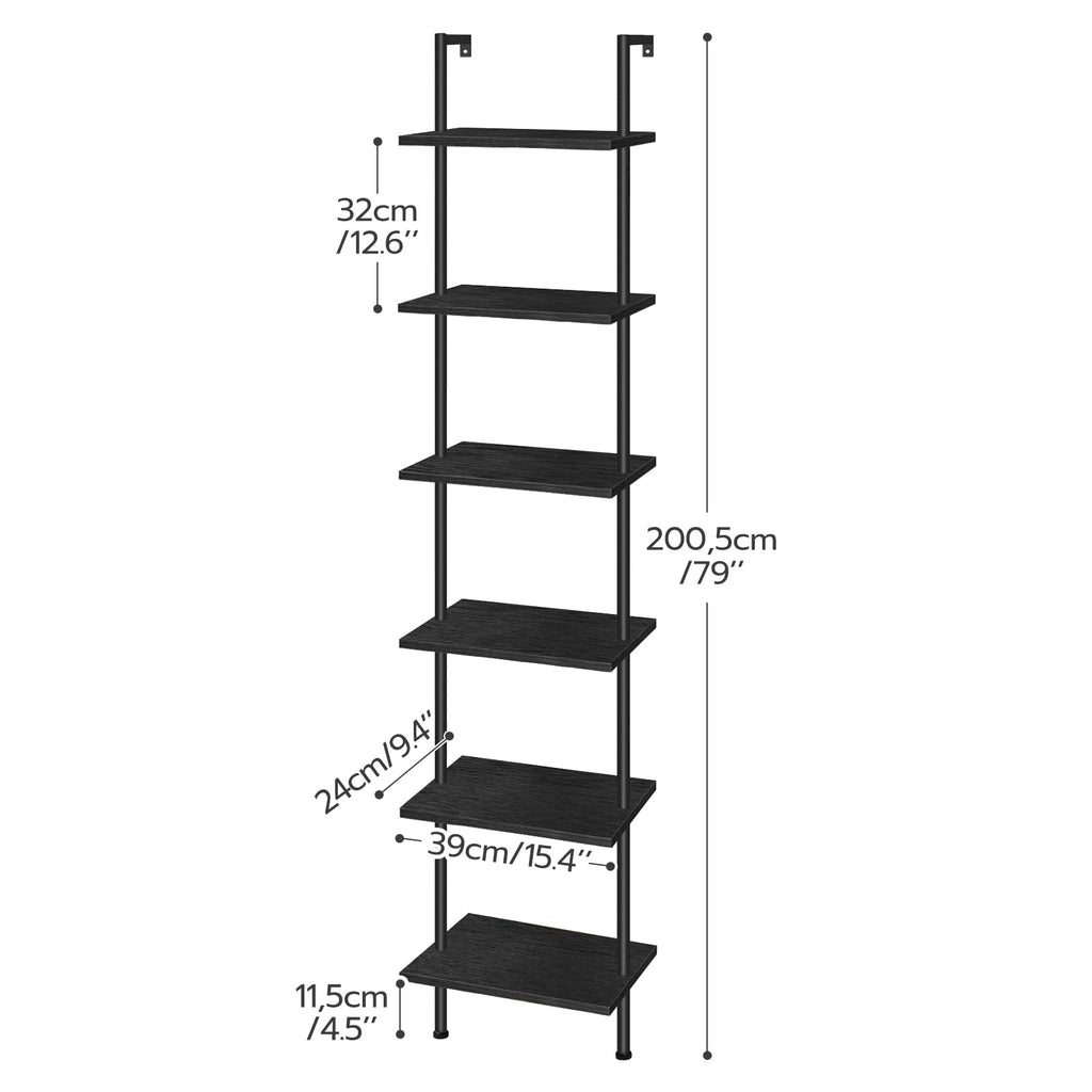 Black 6-Tier Wooden Wall Mounted Ladder Shelf T88167