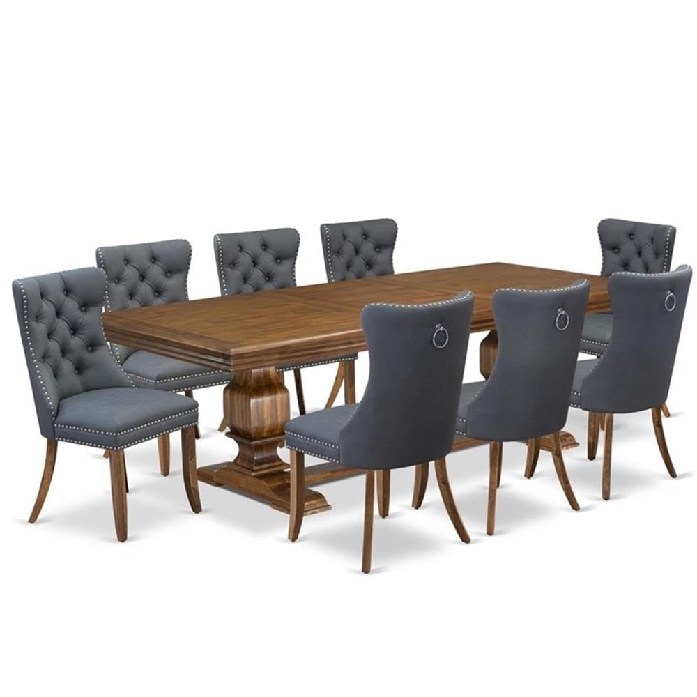 9-Piece Acacia Wood Dining Table Set with 8 Faux Leather Chairs F847