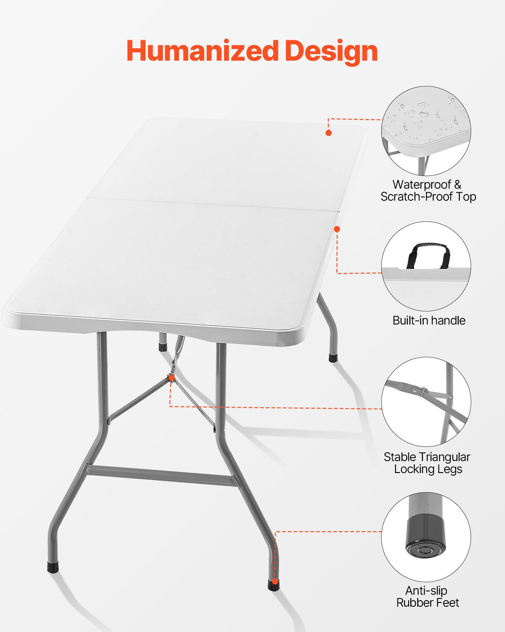 Folding Table, Heavy Duty Portable Fold-in-Half Utility Table, Indoor Outdoor Plastic Rectangle Table with Built in Handle, 6 ft, White L213733