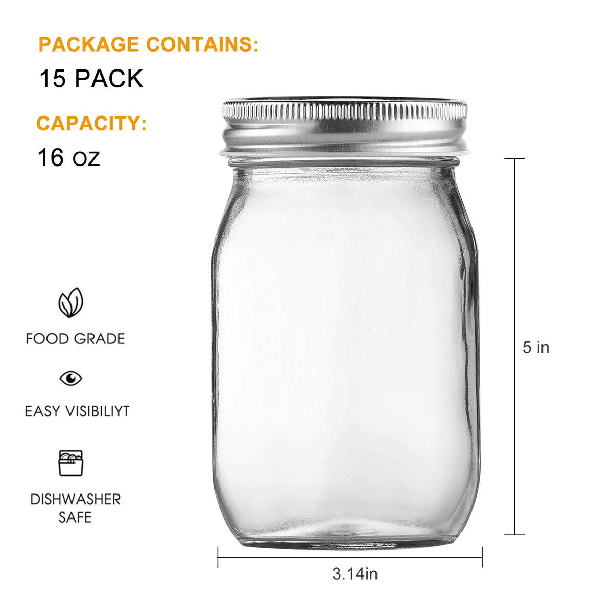 16 Pack 16 oz Glass Mason Jars with Airtight Lids O3983