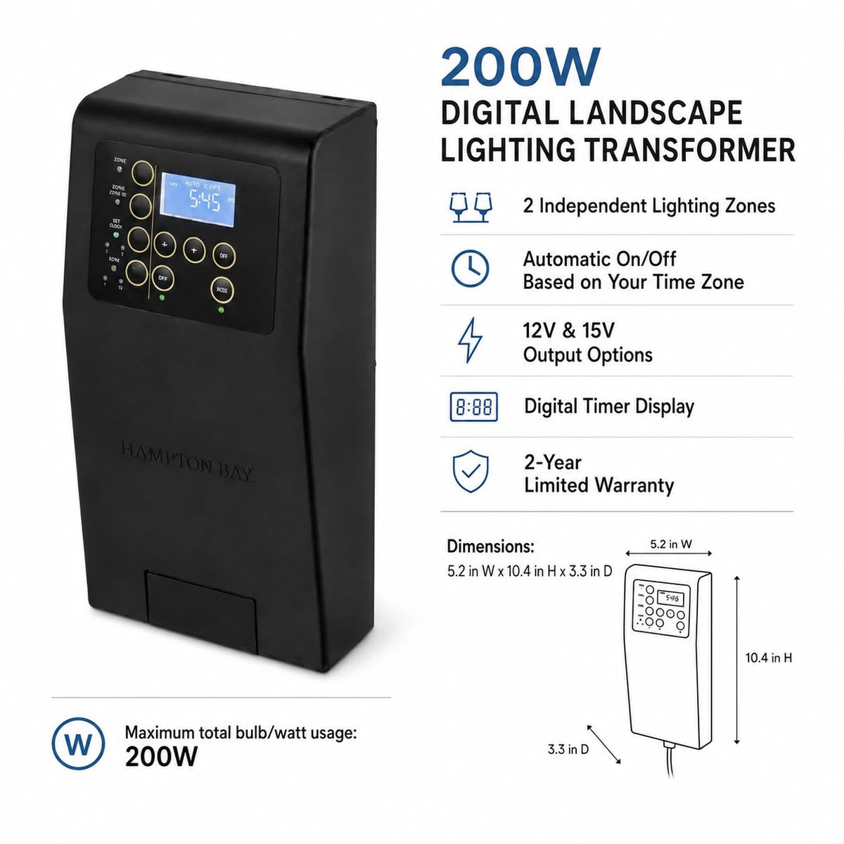 200W Low Voltage Landscape Lighting Transformer Black R30413