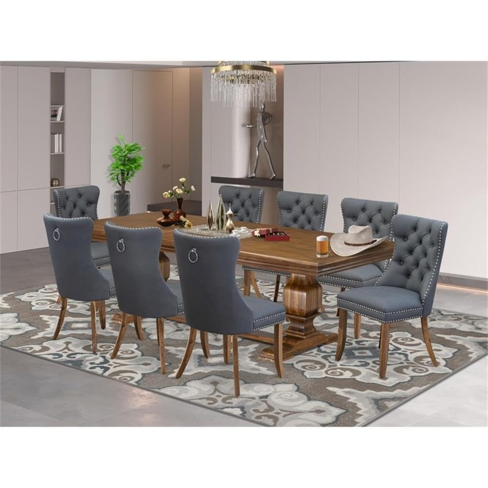 9-Piece Acacia Wood Dining Table Set with 8 Faux Leather Chairs F847