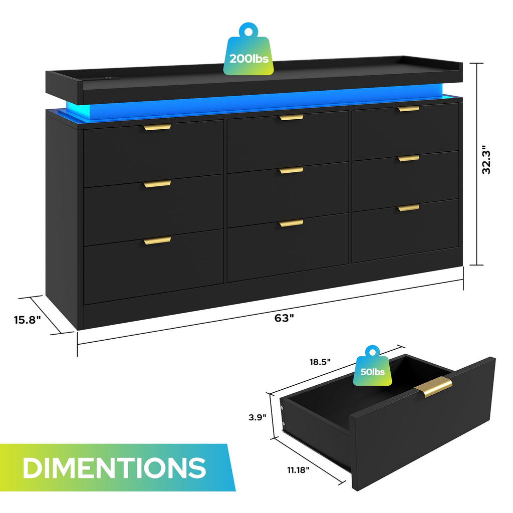 Black 9 Drawer Wood Dresser with LED Lights and Power Outlet E37705