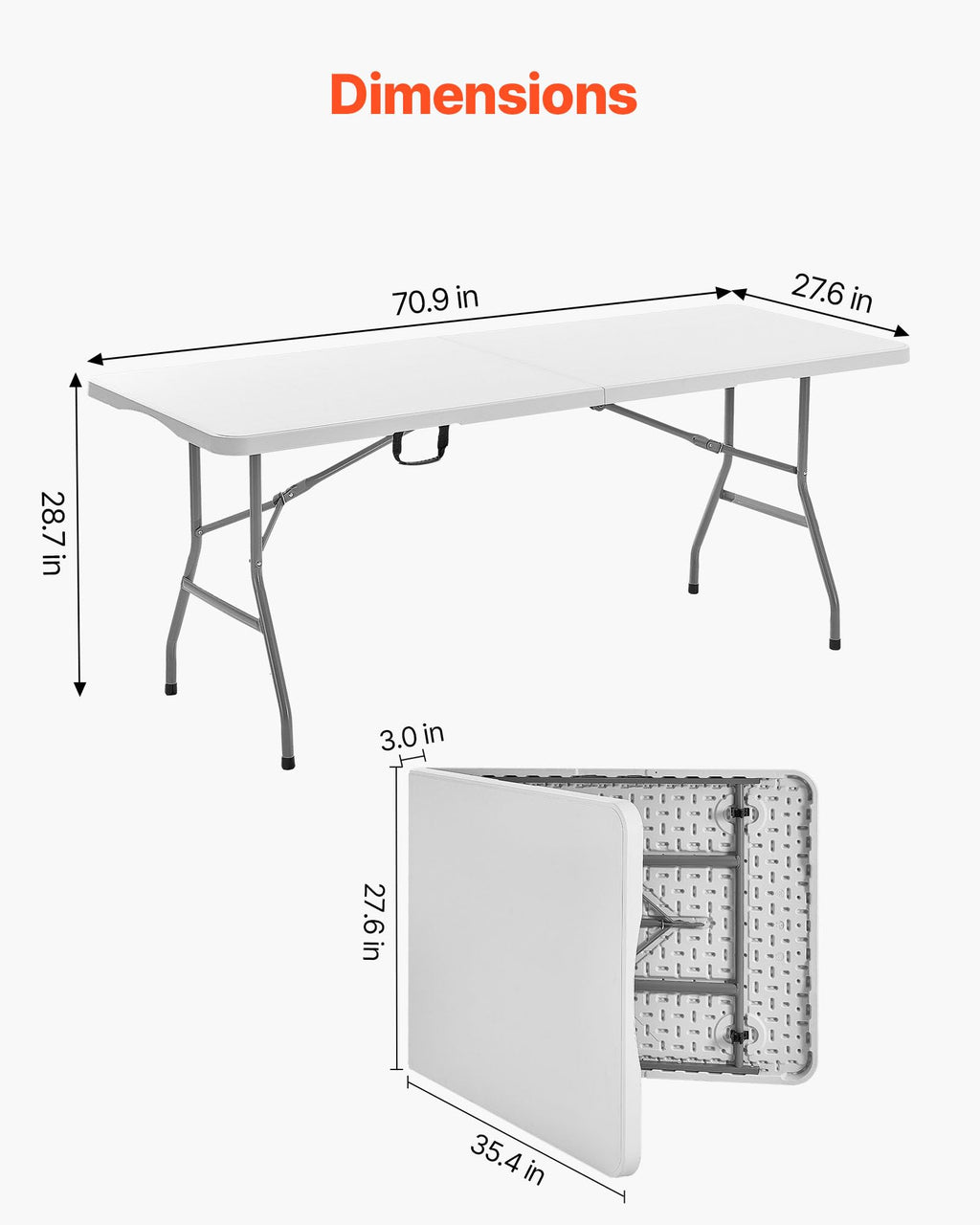 Folding Table, Heavy Duty Portable Fold-in-Half Utility Table, Indoor Outdoor Plastic Rectangle Table with Built in Handle, 6 ft, White L213733
