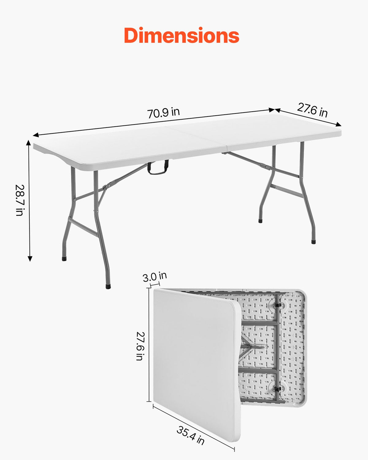 Folding Table, Heavy Duty Portable Fold-in-Half Utility Table, Indoor Outdoor Plastic Rectangle Table with Built in Handle, 6 ft, White L213733