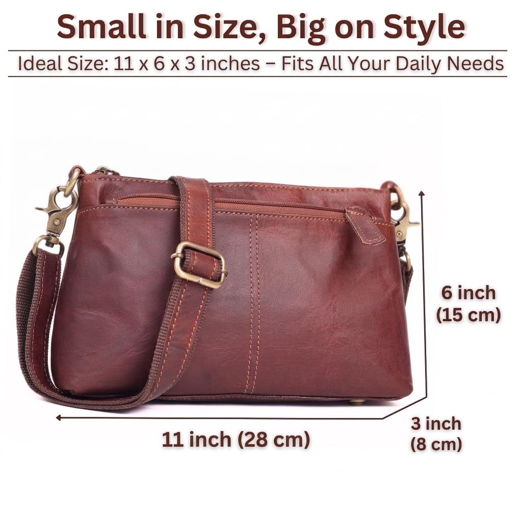 Small Genuine Leather Crossbody Bag with 3 Zipper Pockets I163
