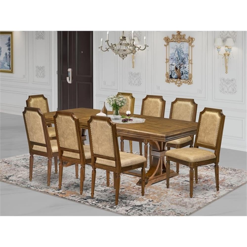 9-Piece Acacia Wood Dining Table Set with 8 Beige PU Leather Chairs T72307