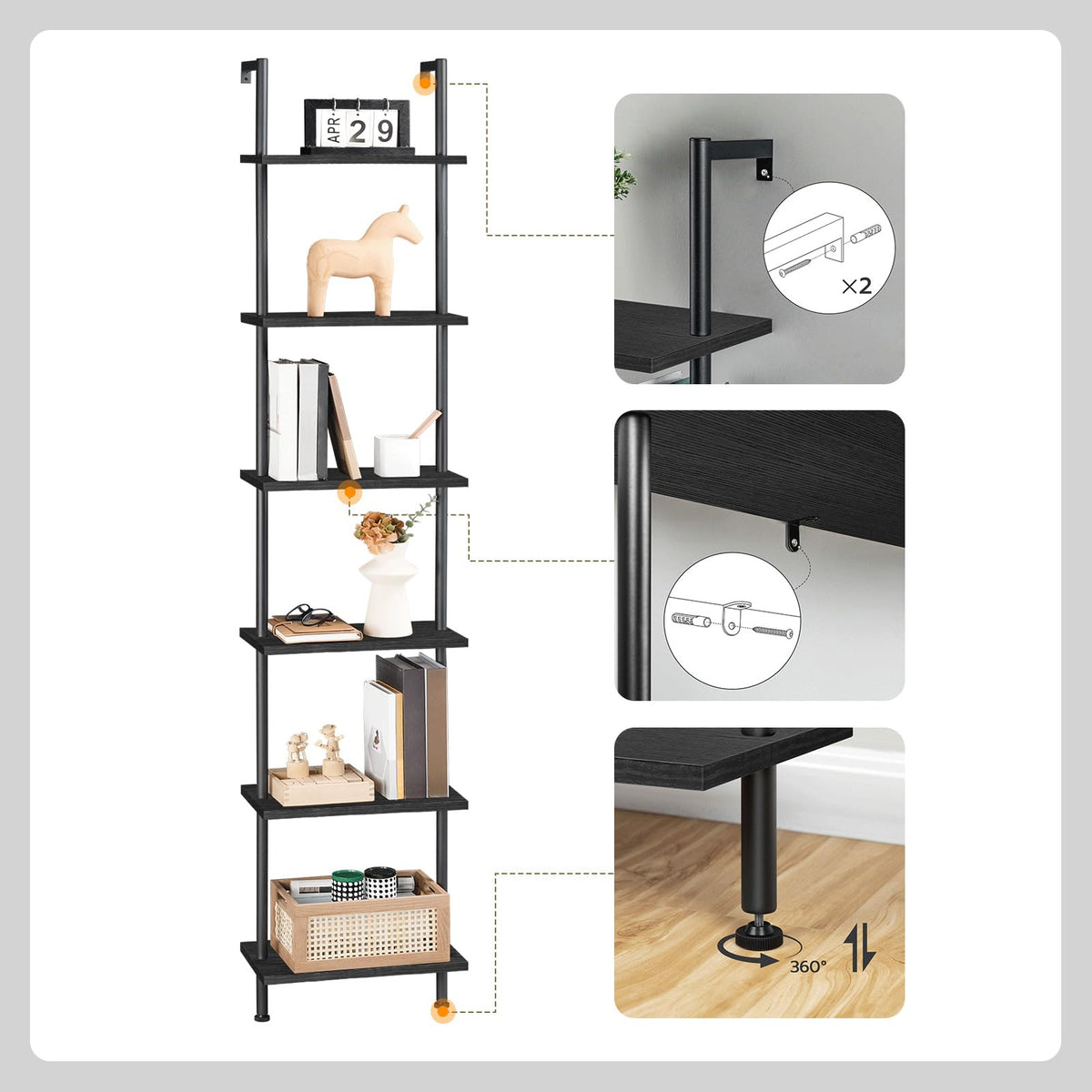 Black 6-Tier Wooden Wall Mounted Ladder Shelf T88167