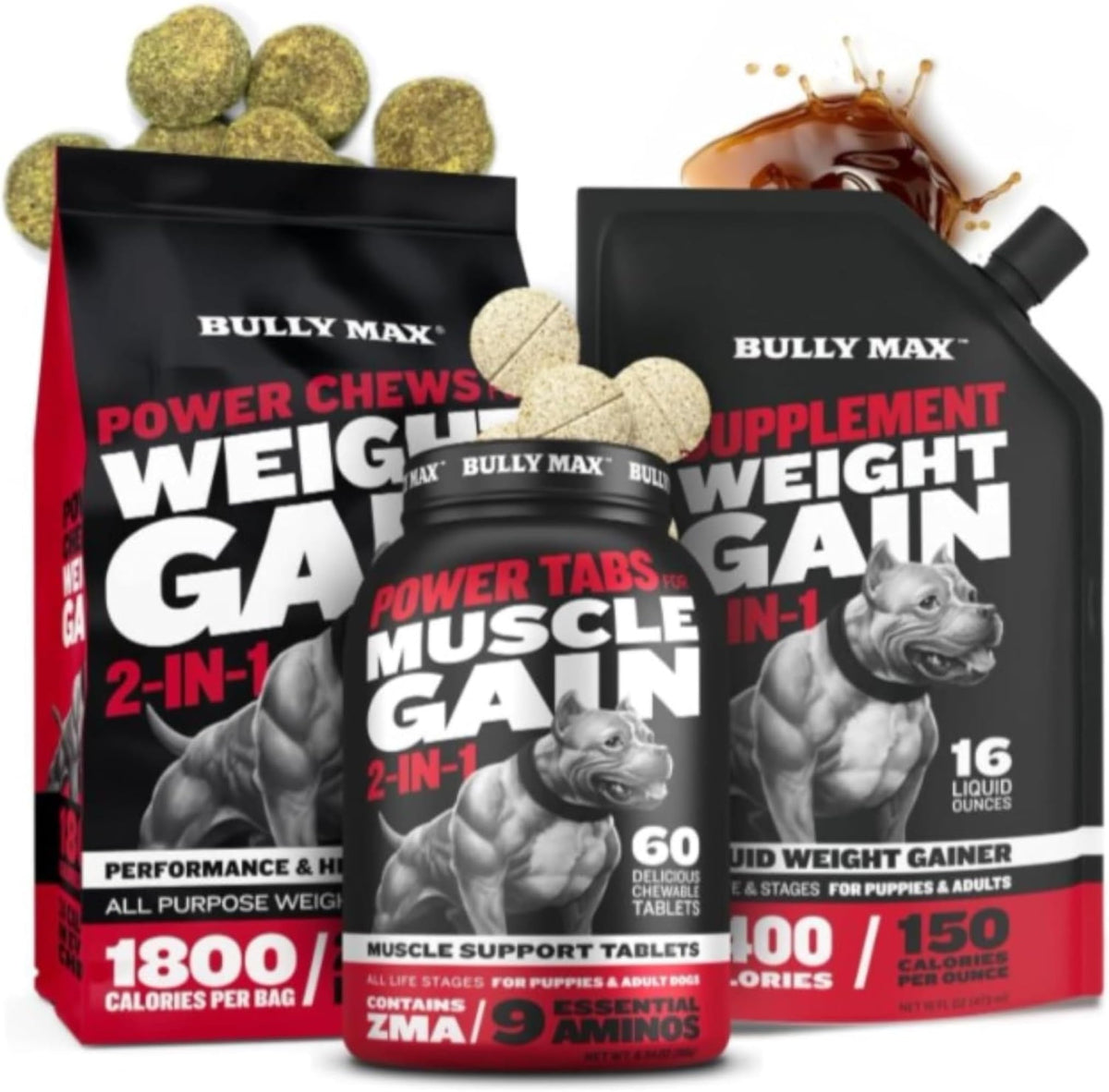 Dog Weight Gainer Soft Chews Liquid Gel Supplement & Muscle Builder Power Tabs Bundle S20556