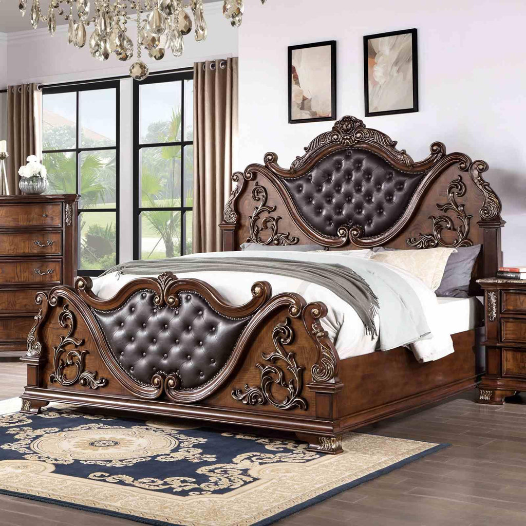 Brown Cherry California King Size Tufted Leatherette Bed Z569028