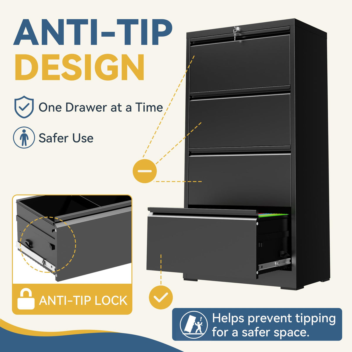 4 Drawer Black Metal File Cabinet with Lock E4568