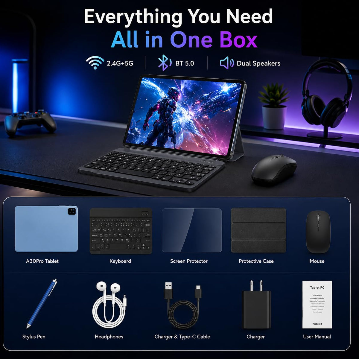 Black 10.1 inch Android 16 Tablet with Keyboard R962128