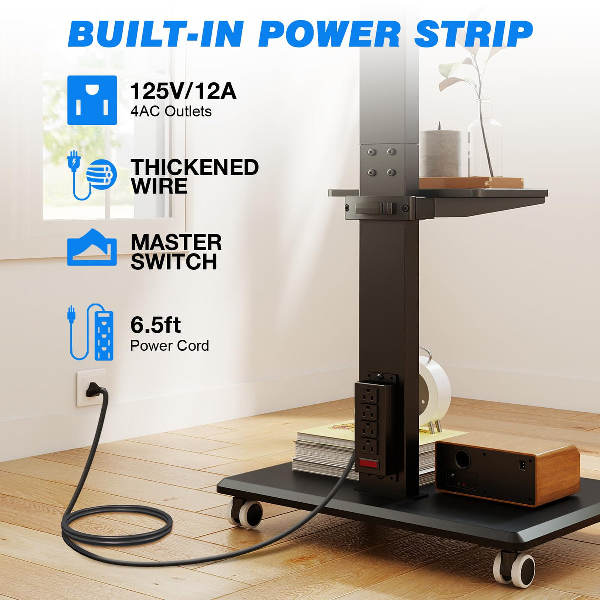 Black Mobile TV Stand 32-75 Inch with Power Outlet and Shelf J190