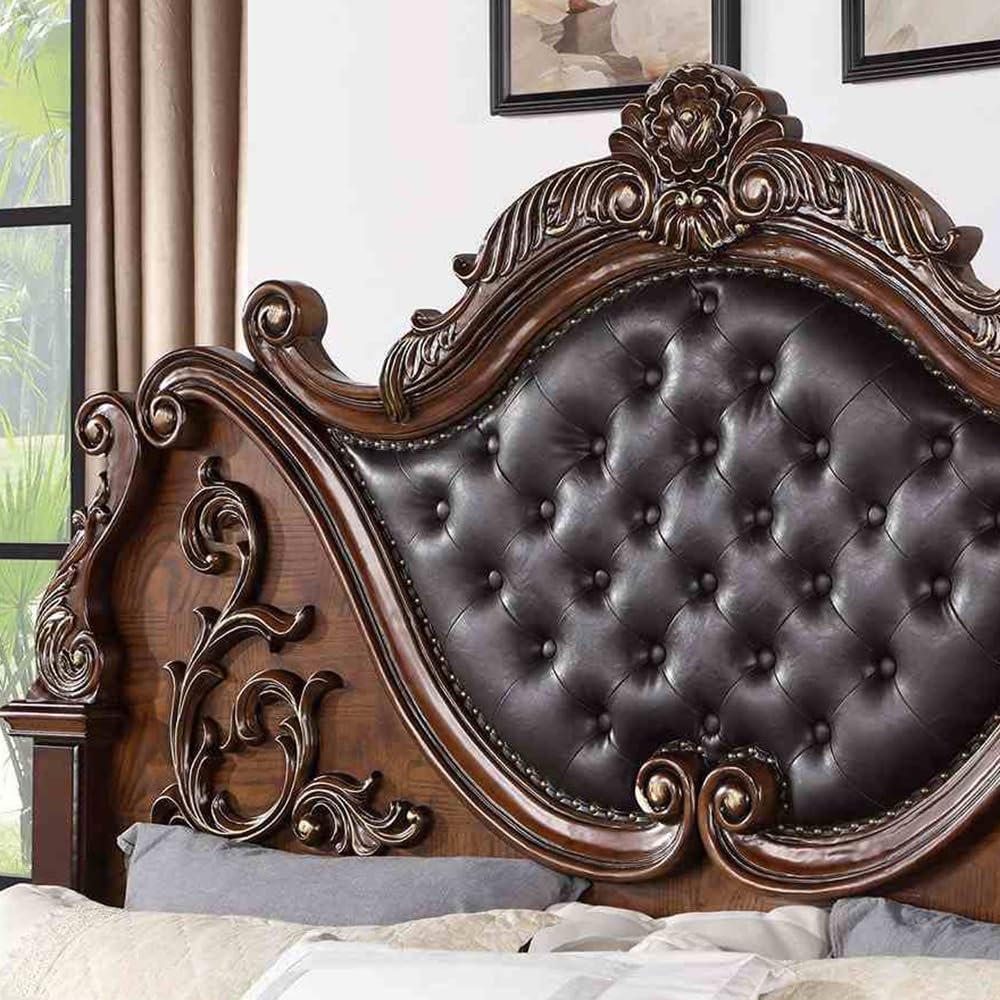 Brown Cherry California King Size Tufted Leatherette Bed Z569028