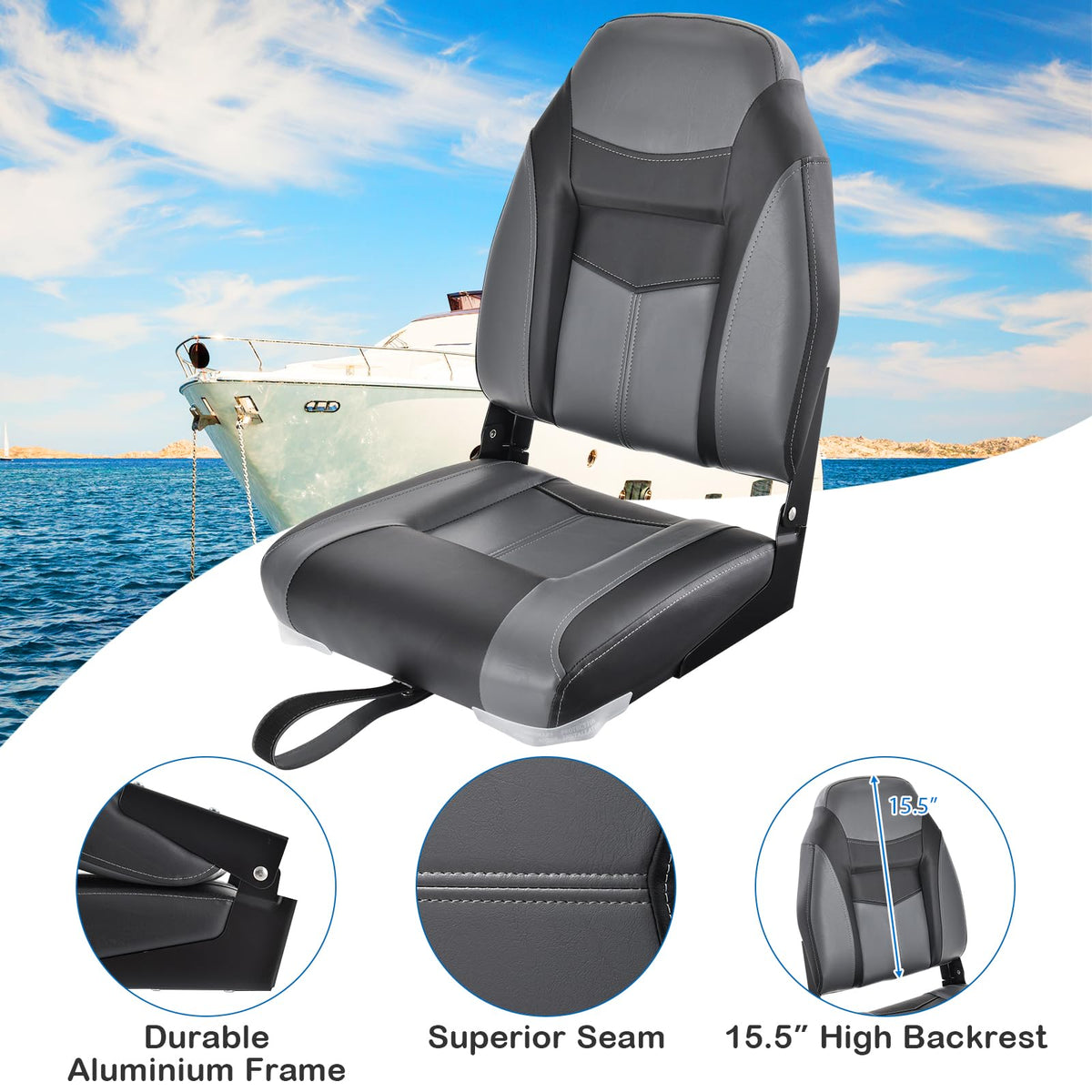 2 Pack Black Grey High Back Folding Boat Seats G737