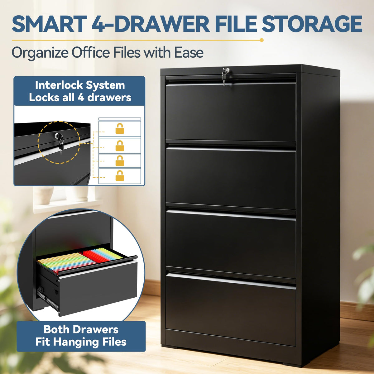 4 Drawer Black Metal File Cabinet with Lock E4568