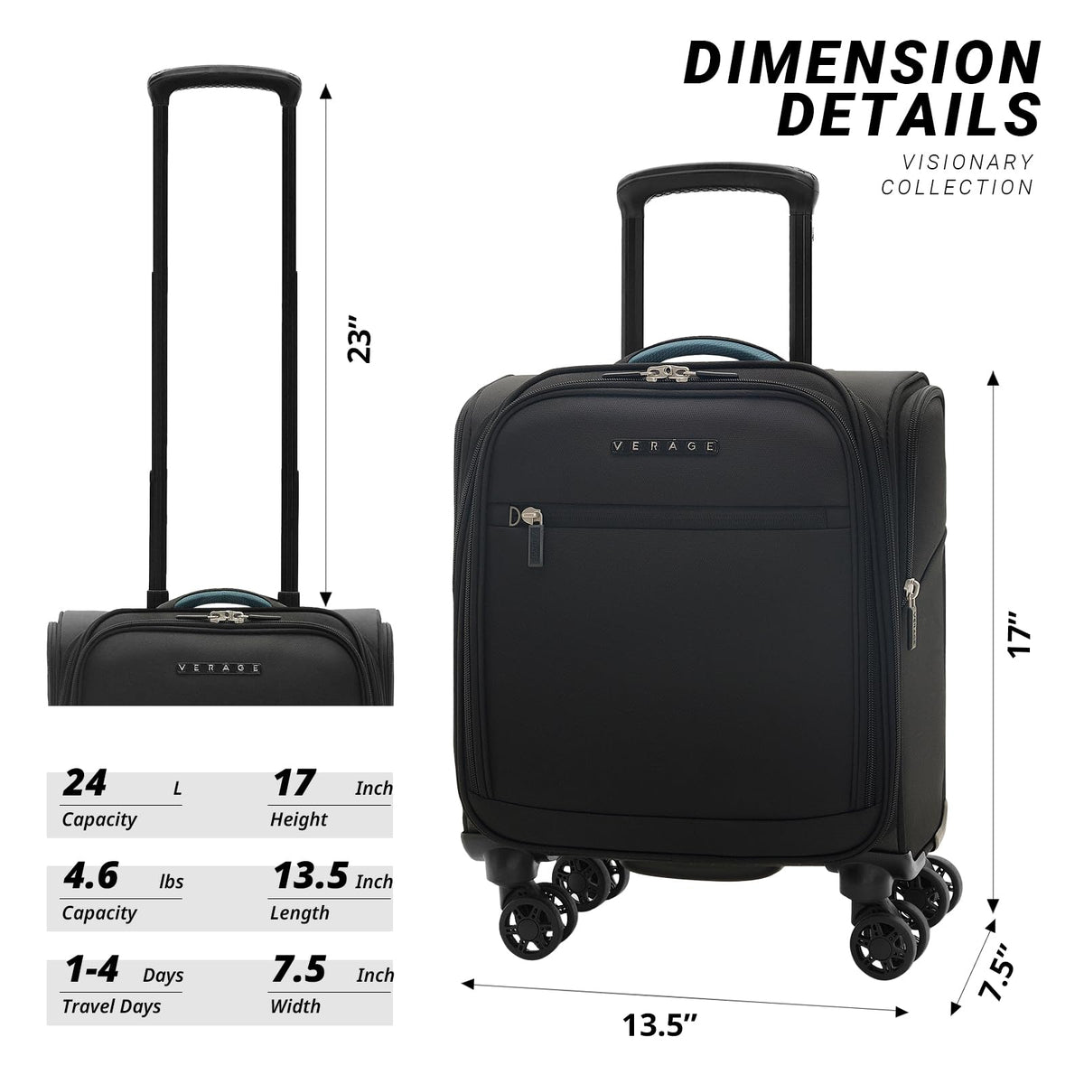 14 inch Black Softside Underseat Carry On Luggage with Wheels R8503