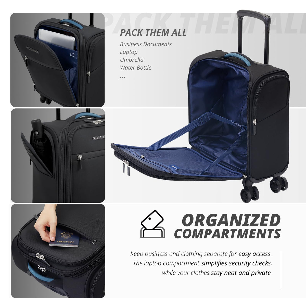 14 inch Black Softside Underseat Carry On Luggage with Wheels R8503