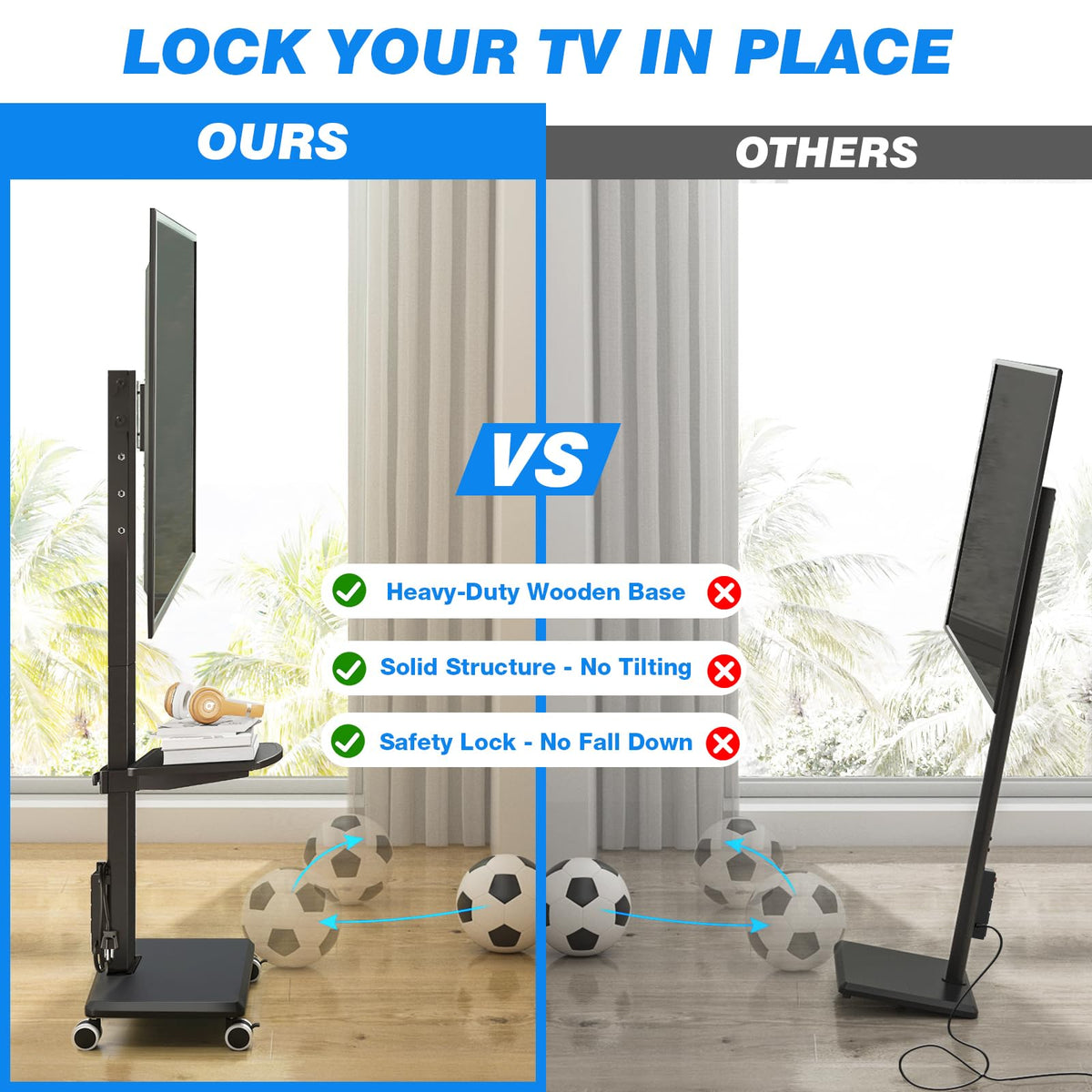 Black Mobile TV Stand 32-75 Inch with Power Outlet and Shelf J190