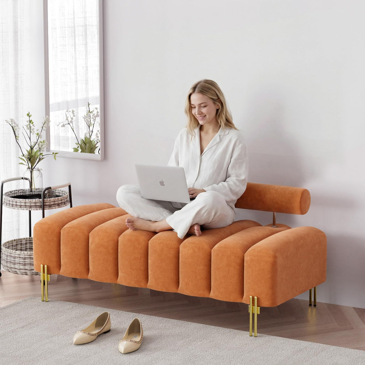 Orange Velvet Ottoman Bench A5385