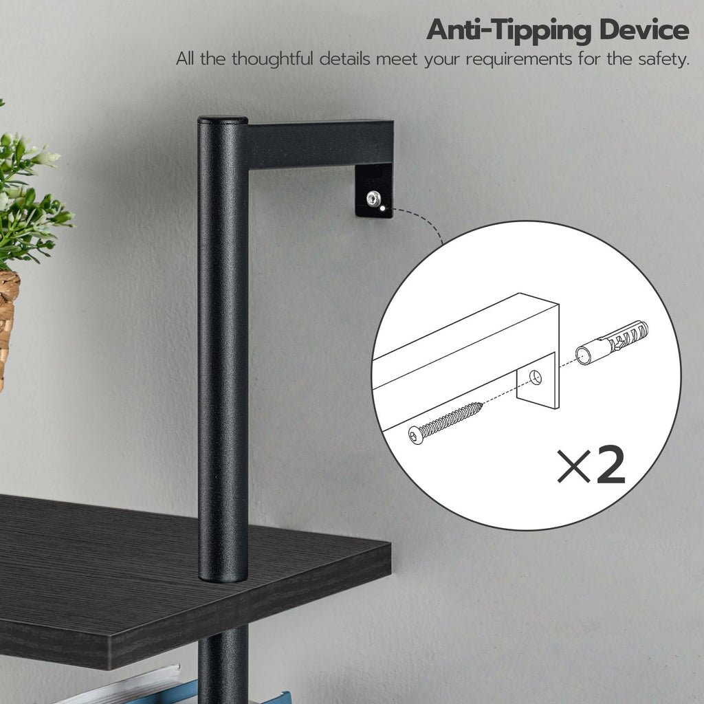 Black 6-Tier Wooden Wall Mounted Ladder Shelf T88167