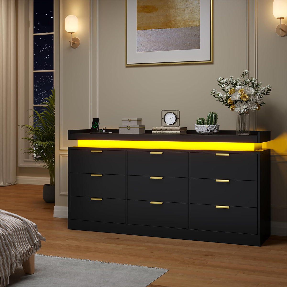 Black 9 Drawer Wood Dresser with LED Lights and Power Outlet E37705
