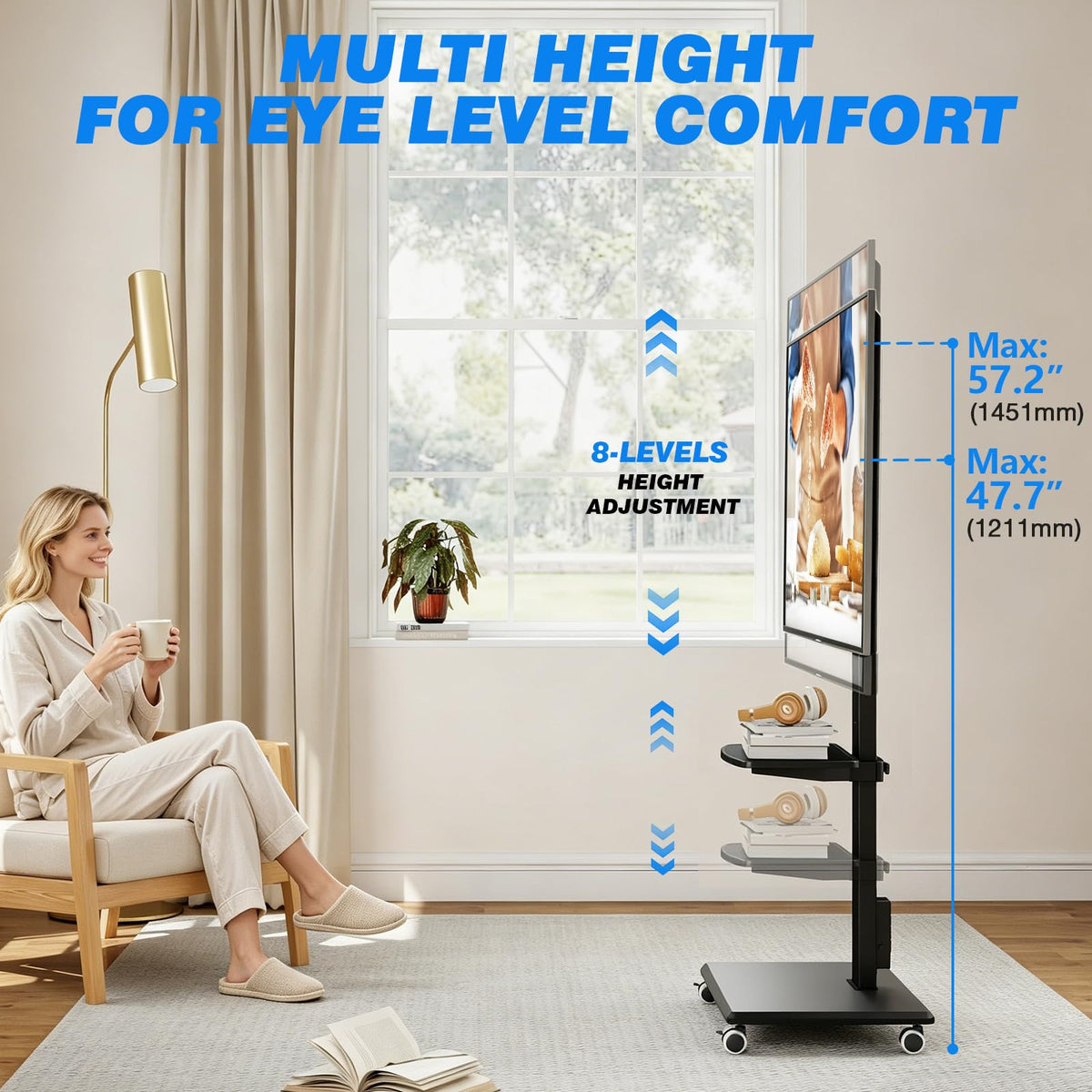 Black Mobile TV Stand 32-75 Inch with Power Outlet and Shelf J190