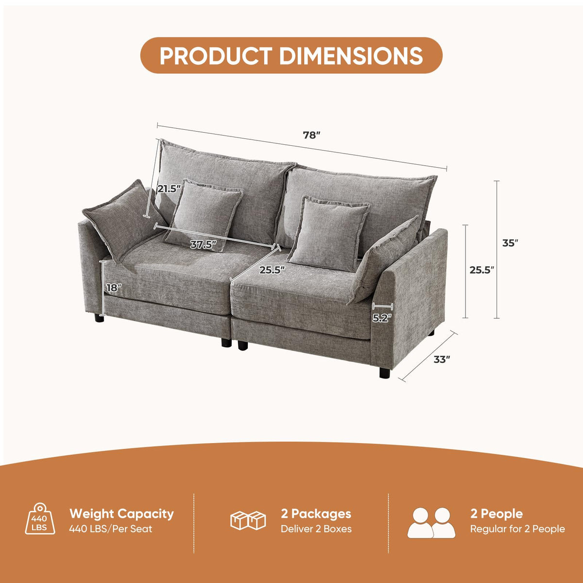 Light Gray Chenille 2 Seater Sofa with Pillows G683631