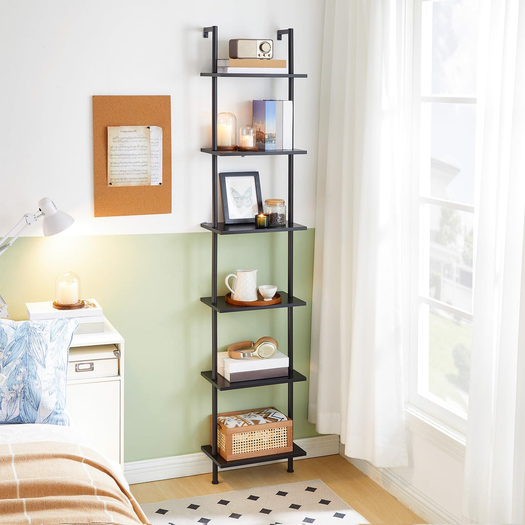 Black 6-Tier Wooden Wall Mounted Ladder Shelf T88167