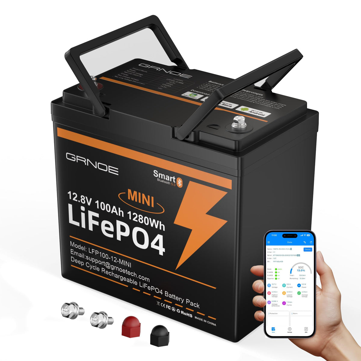 12V 100Ah Mini LiFePO4 Lithium Battery with Bluetooth, Smart BMS D8649