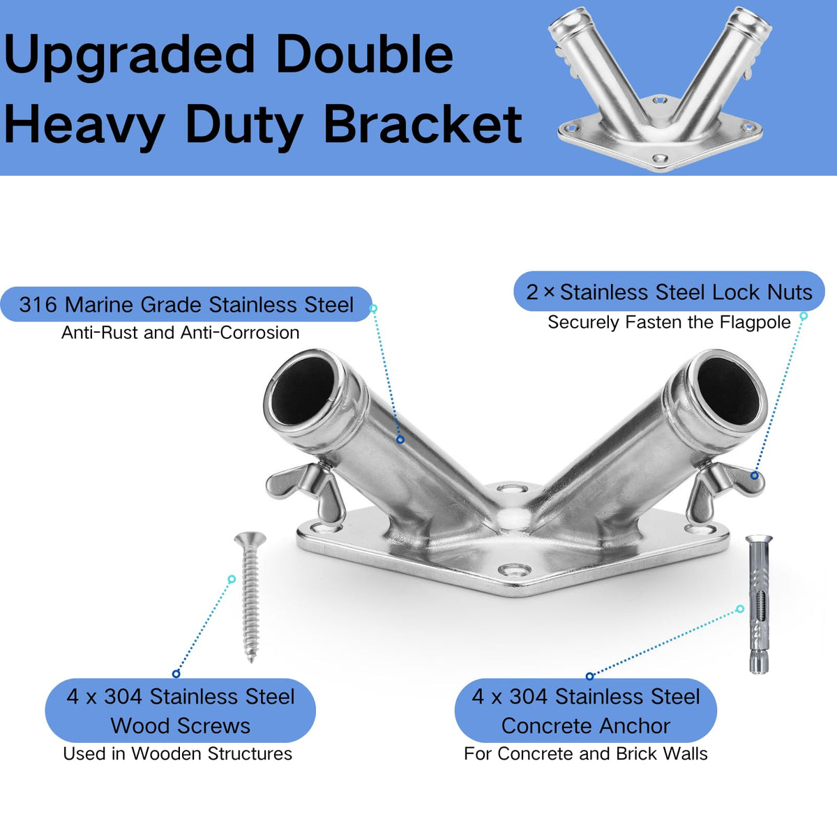 Double Flag Pole Holder 316 Stainless Steel Heavy Duty C60187