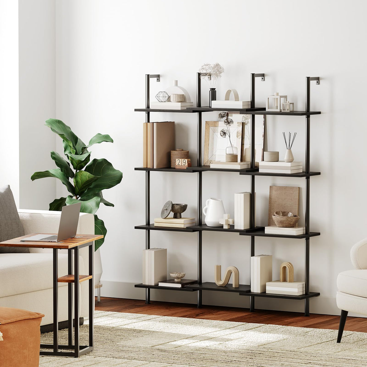 Black 6-Tier Wooden Wall Mounted Ladder Shelf T88167