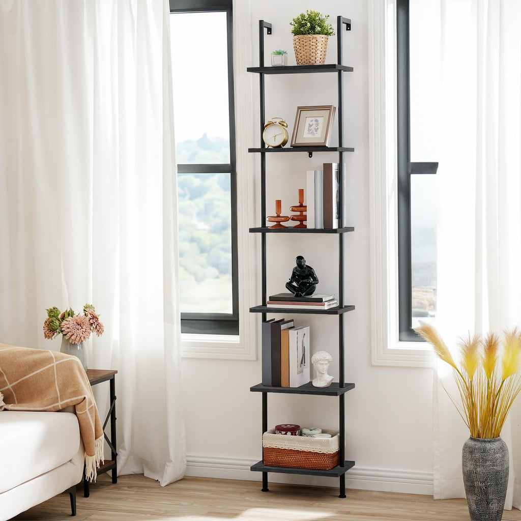 Black 6-Tier Wooden Wall Mounted Ladder Shelf T88167