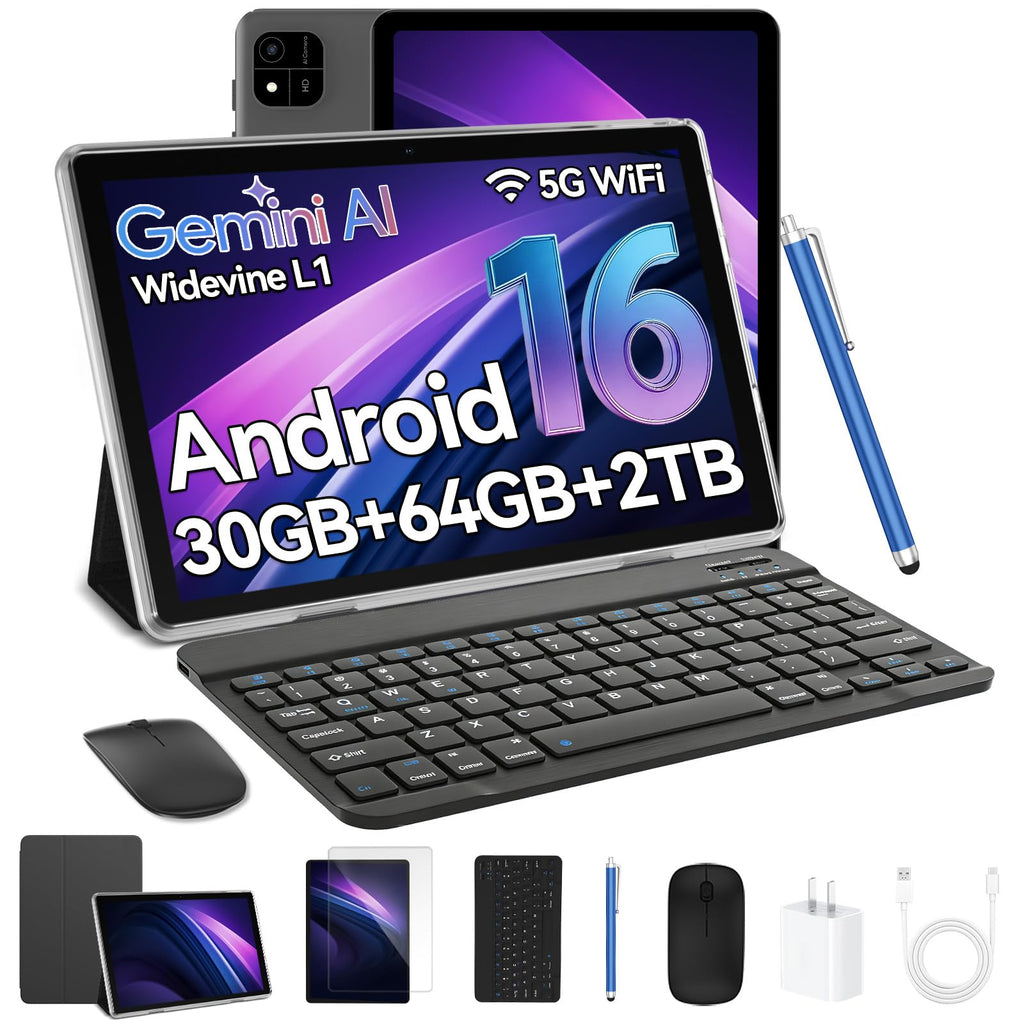 Black 10.1 inch Android 16 Tablet with Keyboard R962128