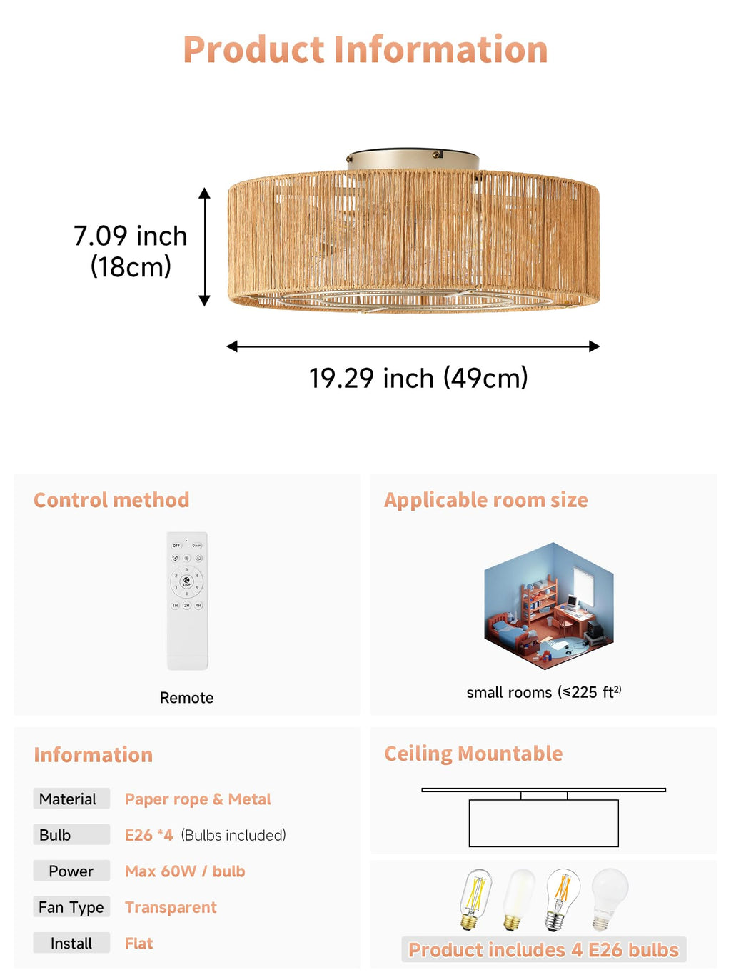 20" Rattan Ceiling Fan with Lights T135165