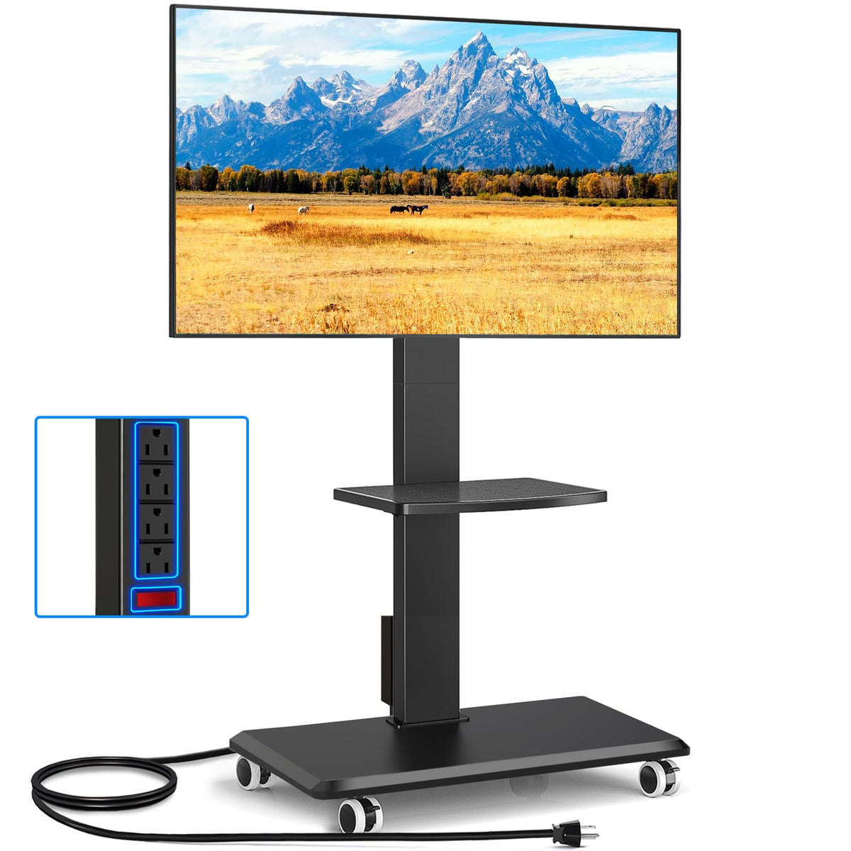 Black Mobile TV Stand 32-75 Inch with Power Outlet and Shelf J190