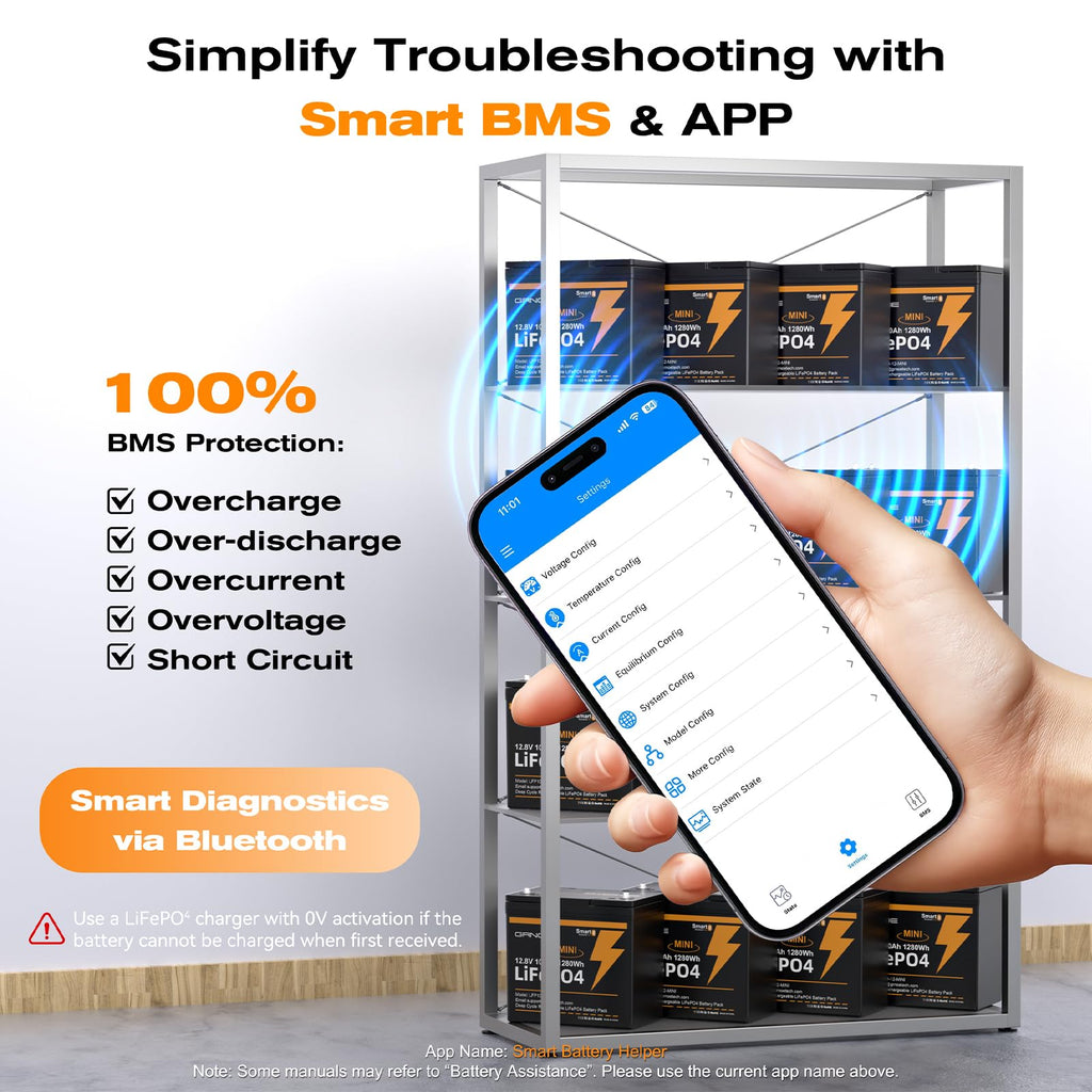 12V 100Ah Mini LiFePO4 Lithium Battery with Bluetooth, Smart BMS D8649