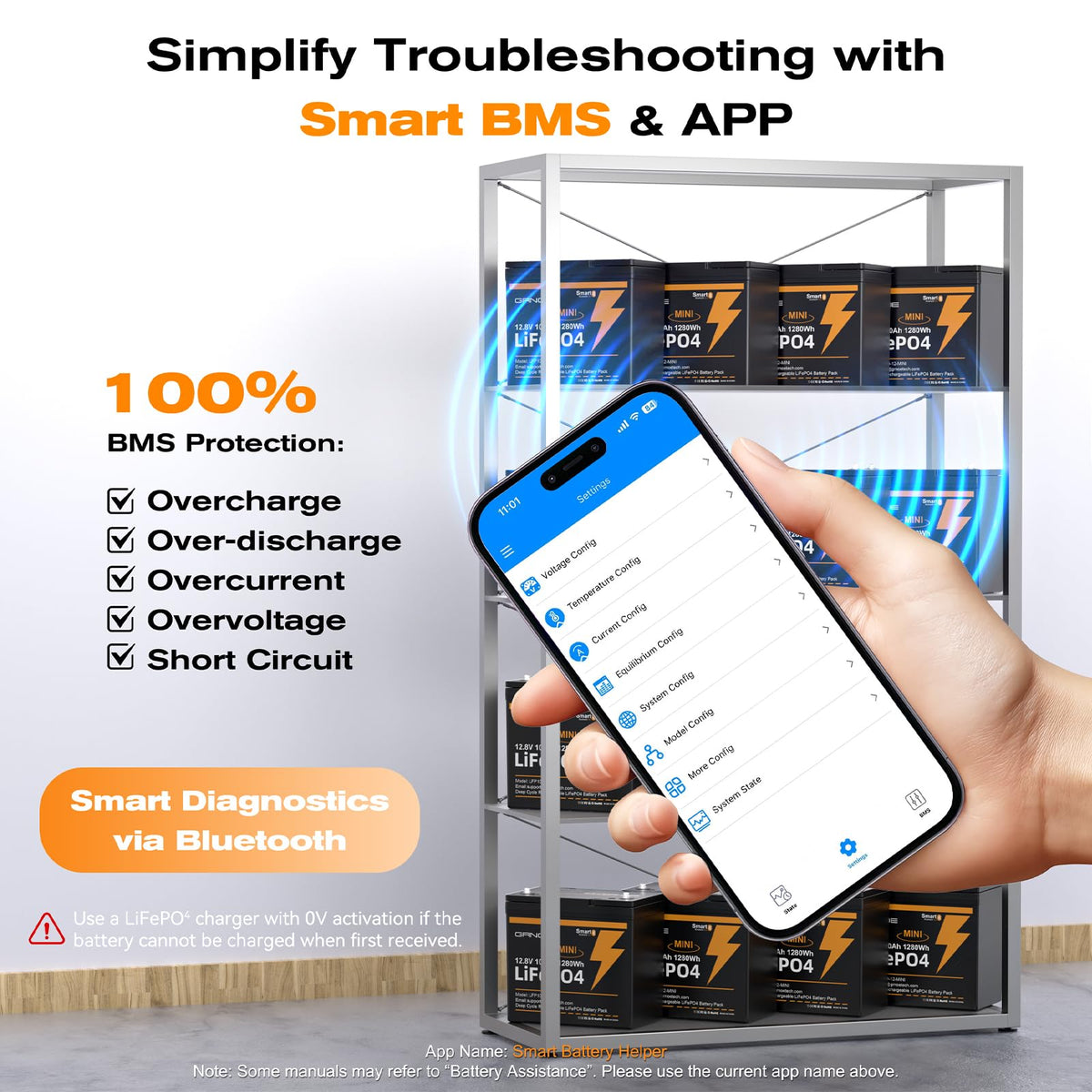 12V 100Ah Mini LiFePO4 Lithium Battery with Bluetooth, Smart BMS D8649
