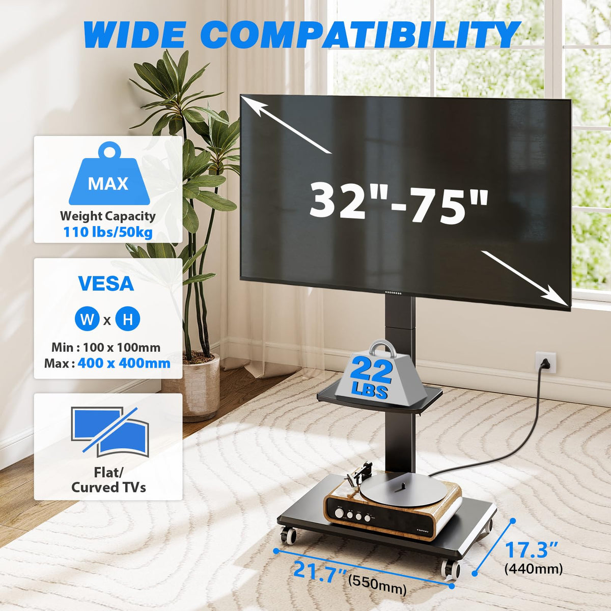 Black Mobile TV Stand 32-75 Inch with Power Outlet and Shelf J190