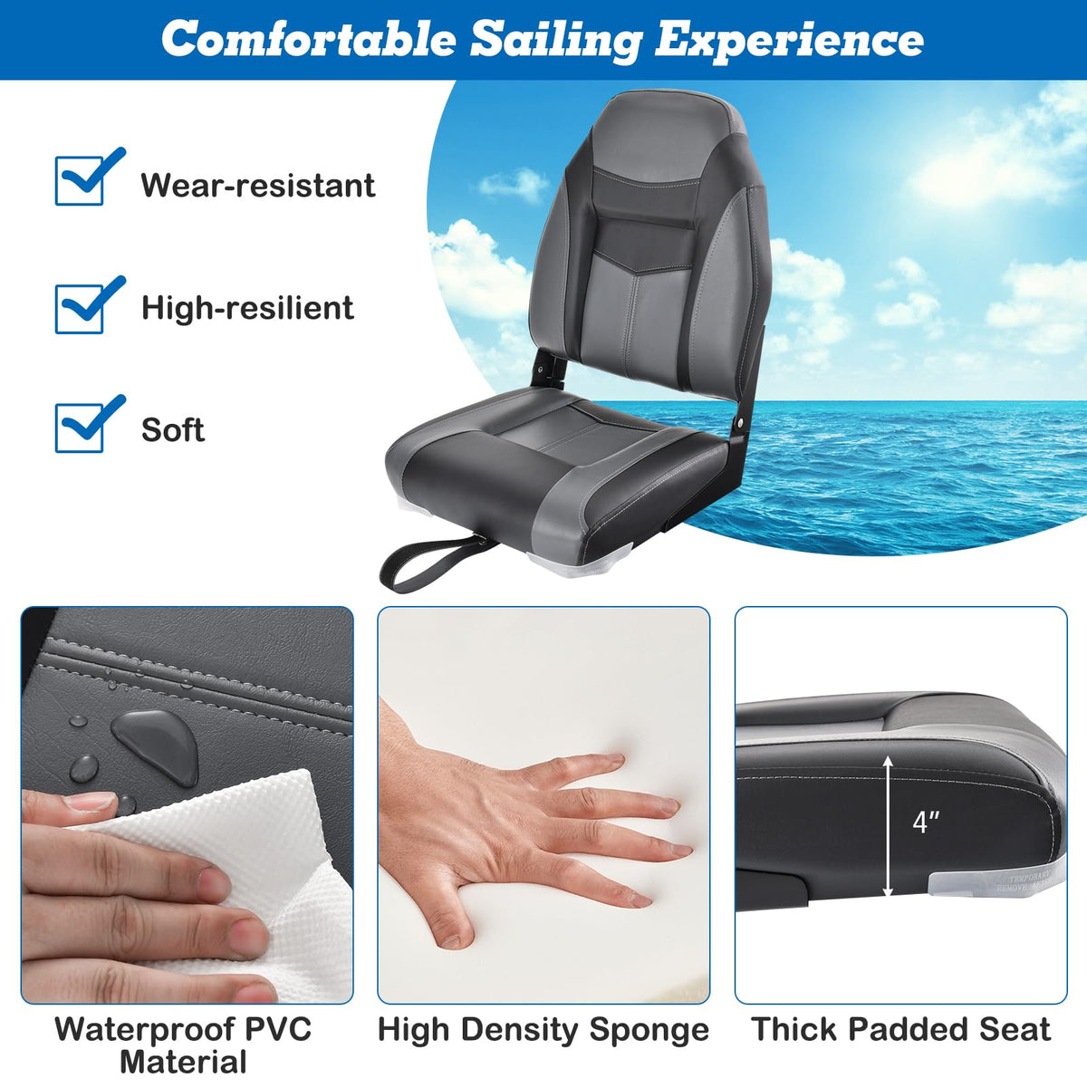 2 Pack Black Grey High Back Folding Boat Seats G737