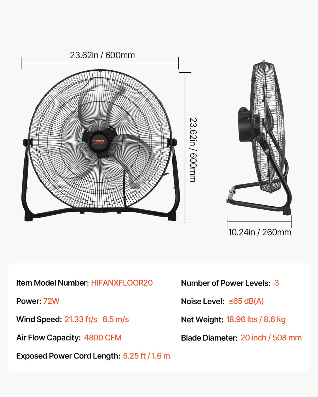 20 Inch 3 Speeds High Velocity Industrial Floor Fan T20779