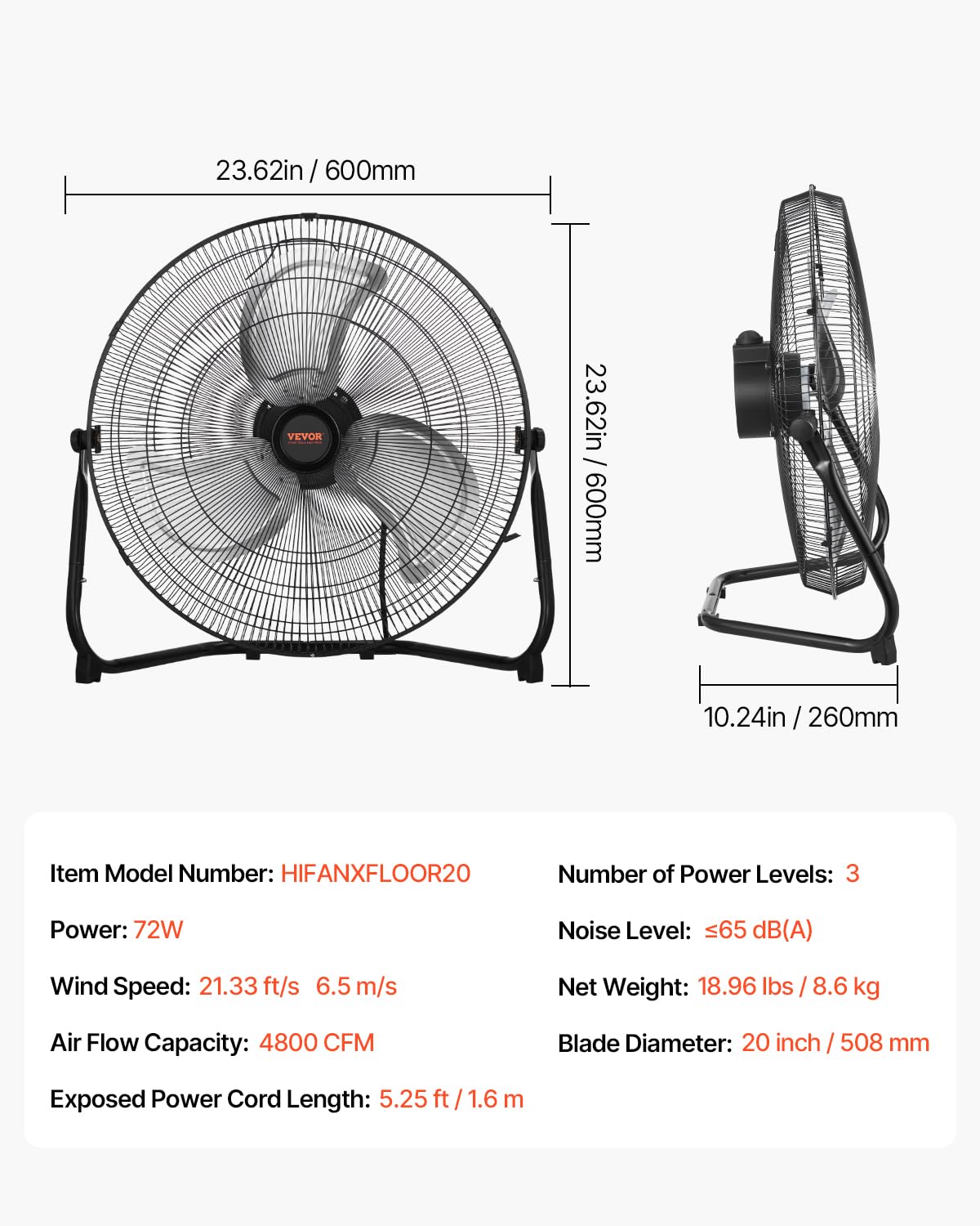 20 Inch 3 Speeds High Velocity Industrial Floor Fan T20779
