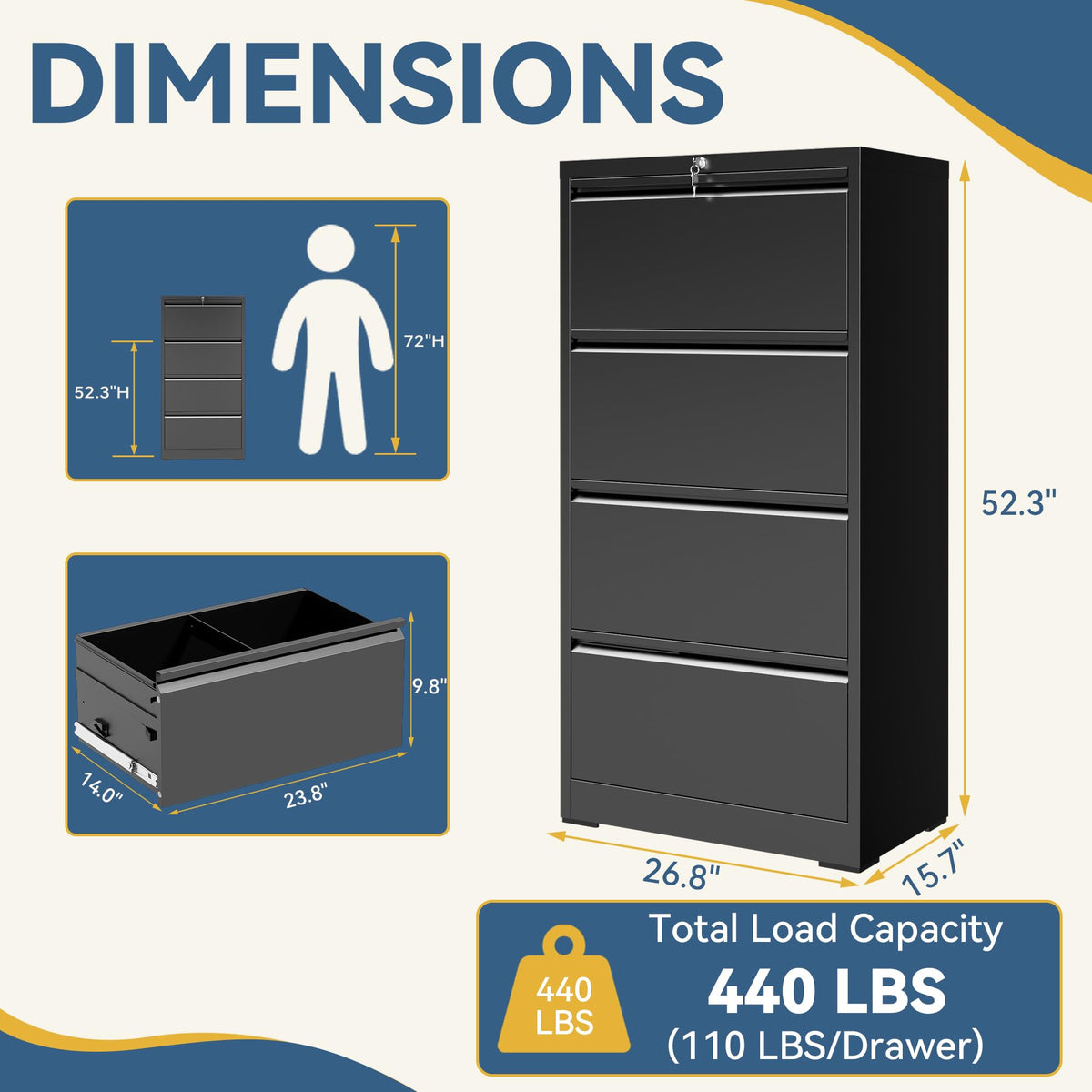 4 Drawer Black Metal File Cabinet with Lock E4568