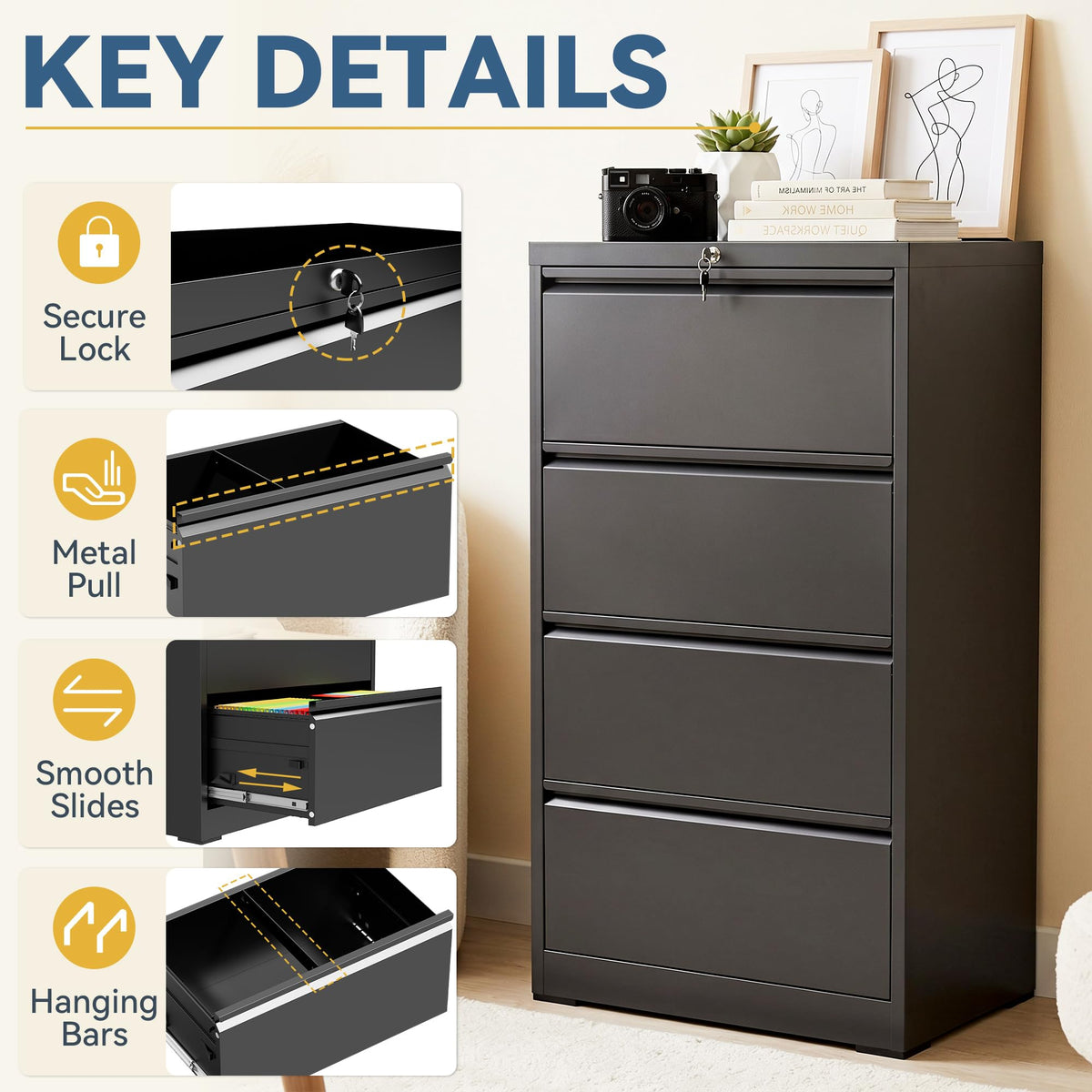 4 Drawer Black Metal File Cabinet with Lock E4568