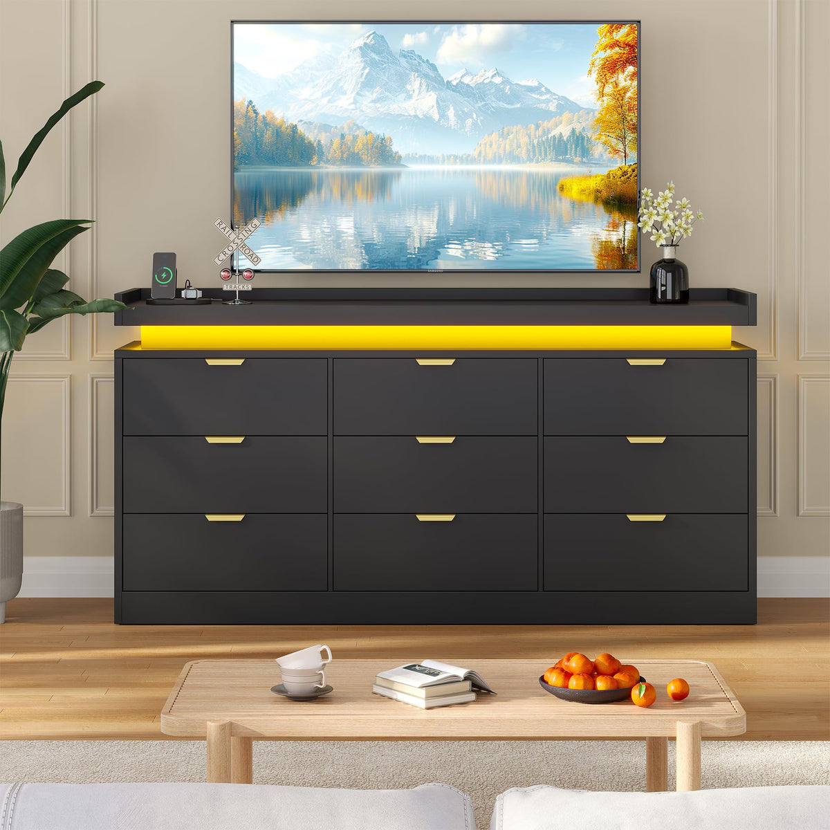 Black 9 Drawer Wood Dresser with LED Lights and Power Outlet E37705