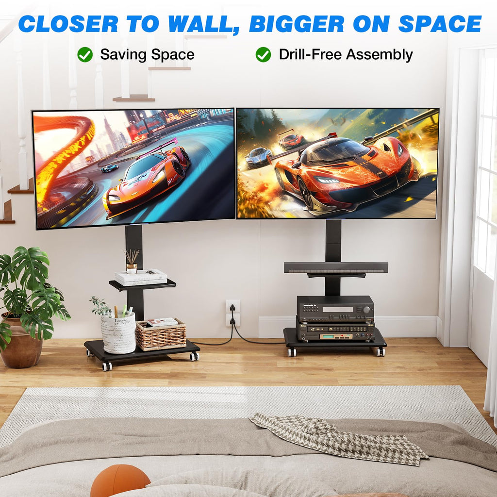 Black Mobile TV Stand 32-75 Inch with Power Outlet and Shelf J190