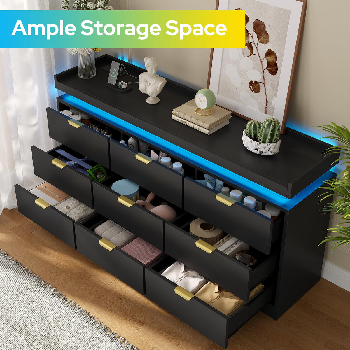 Black 9 Drawer Wood Dresser with LED Lights and Power Outlet E37705
