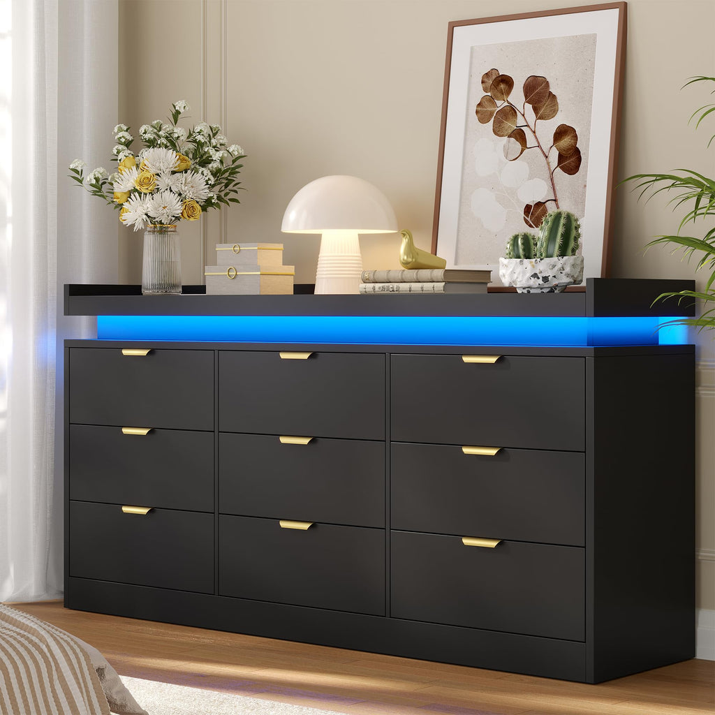 Black 9 Drawer Wood Dresser with LED Lights and Power Outlet E37705