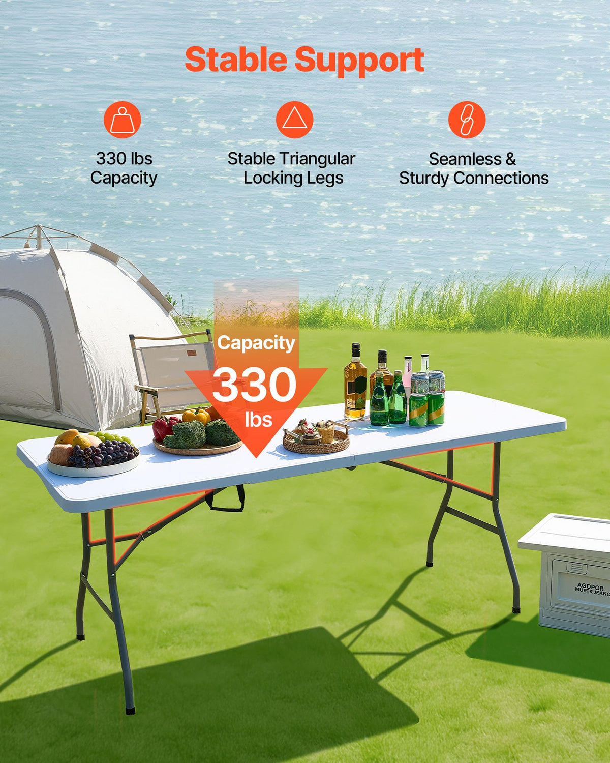 Folding Table, Heavy Duty Portable Fold-in-Half Utility Table, Indoor Outdoor Plastic Rectangle Table with Built in Handle, 6 ft, White L213733